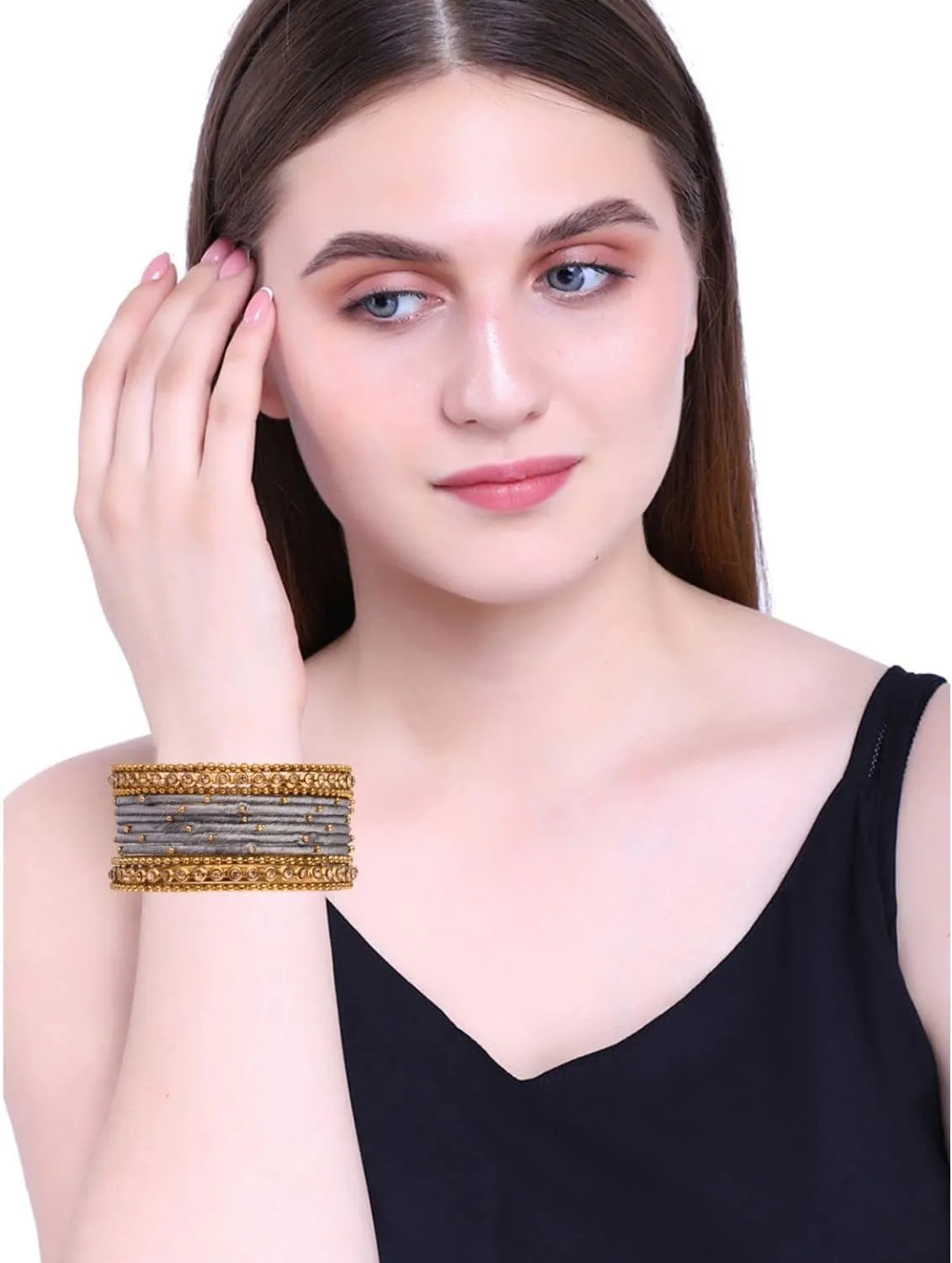 Efulgenz Indian Silk Thread Bangle Set with Oxidized Bangles Crystal Metal Ball Bangles Indian Bangles for Women for Wedding Party Boho Bracelet Bangle Bollywood Fashion Statement Jewelry (24 Pcs)