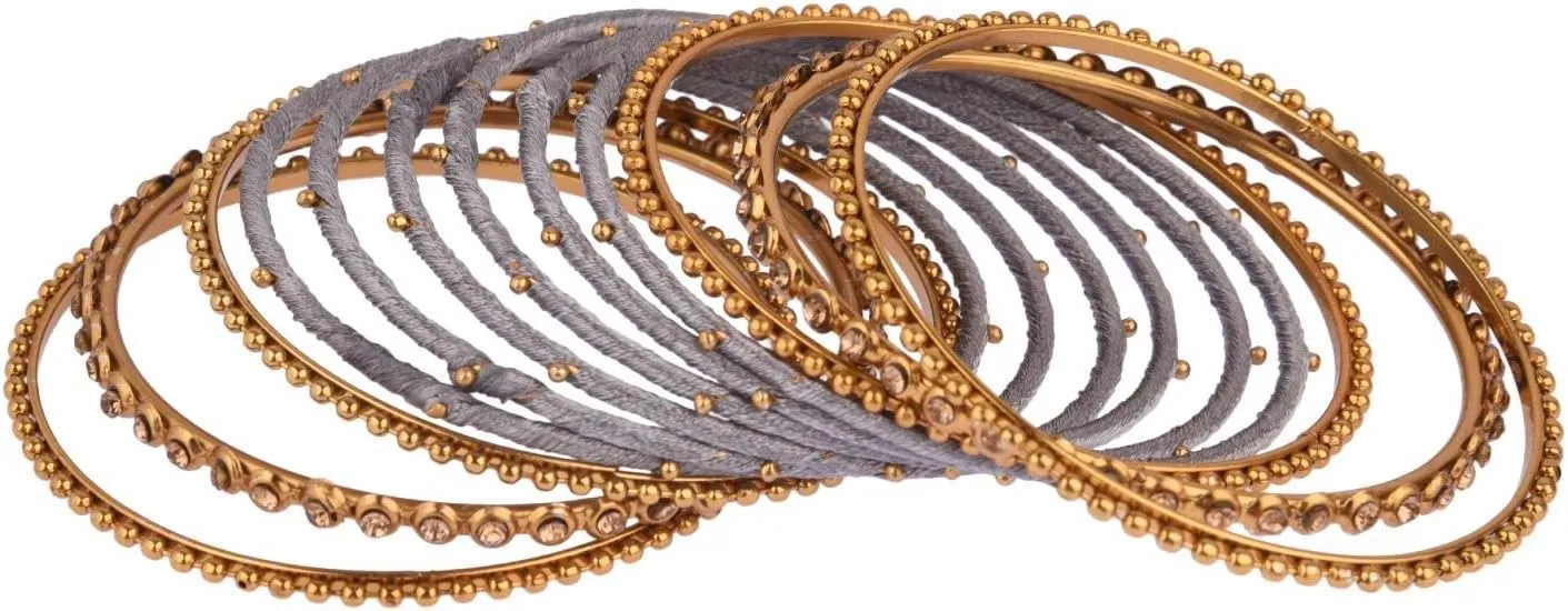 Efulgenz Indian Silk Thread Bangle Set with Oxidized Bangles Crystal Metal Ball Bangles Indian Bangles for Women for Wedding Party Boho Bracelet Bangle Bollywood Fashion Statement Jewelry (24 Pcs)