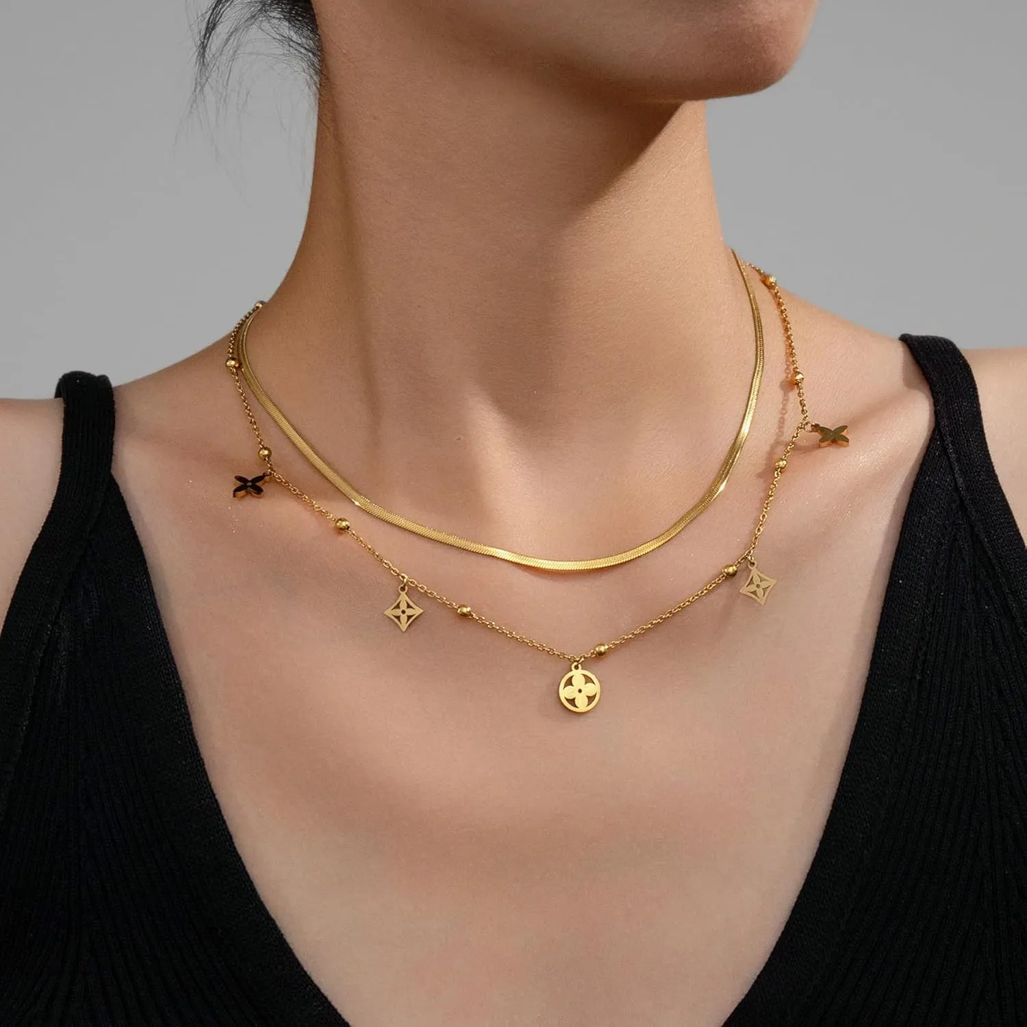 Elarith Gold Layered Set Women's Necklace, Exquisite 14K Gold Plated Layered Clover/Eggplant/Sun Pendant Necklace, Simple Snake Bone Neck Chain, Paper Clip Chain Necklace Jewelry Set