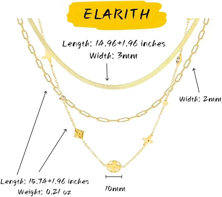 Elarith Gold Layered Set Women's Necklace, Exquisite 14K Gold Plated Layered Clover/Eggplant/Sun Pendant Necklace, Simple Snake Bone Neck Chain, Paper Clip Chain Necklace Jewelry Set