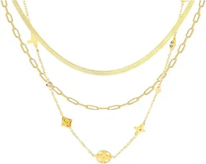 Elarith Gold Layered Set Women's Necklace, Exquisite 14K Gold Plated Layered Clover/Eggplant/Sun Pendant Necklace, Simple Snake Bone Neck Chain, Paper Clip Chain Necklace Jewelry Set