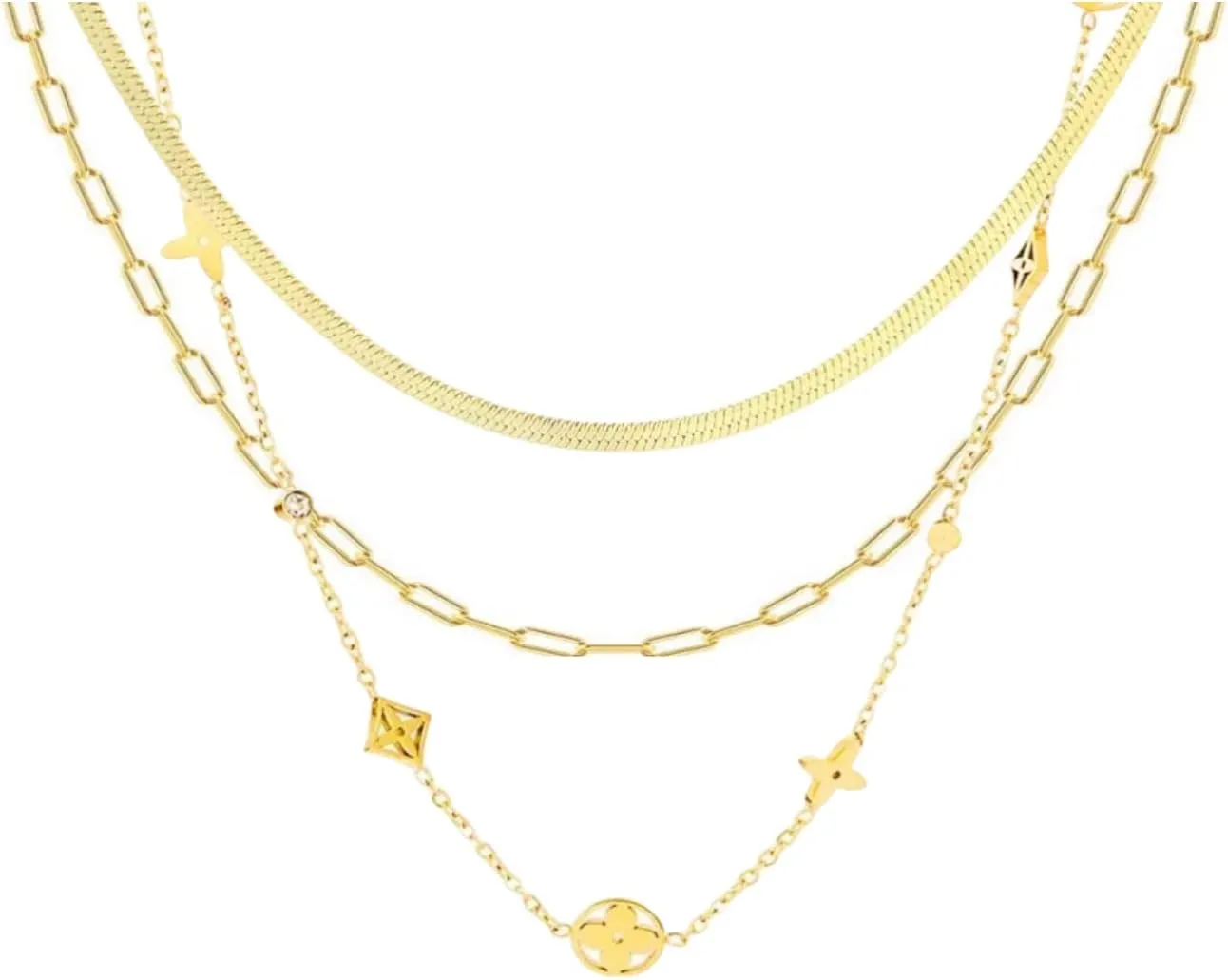 Elarith Gold Layered Set Women's Necklace, Exquisite 14K Gold Plated Layered Clover/Eggplant/Sun Pendant Necklace, Simple Snake Bone Neck Chain, Paper Clip Chain Necklace Jewelry Set