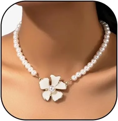 Elegant Pearl Flower Choker Necklace for Women Plant Floral Pendant Statement Necklace Pearl Beaded Clavicle Necklace Jewelry for Women Girls Gifts