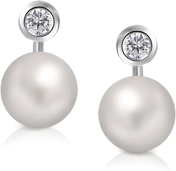 Elegant Vintage Bridal Jewelry - Milgrain Crown Pave CZ Half Mini Hoop White Glass Ball Pearl Drops Earrings for Women with Omega Back, Exquisite Silver Plated