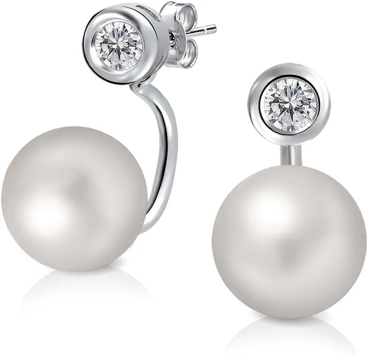 Elegant Vintage Bridal Jewelry - Milgrain Crown Pave CZ Half Mini Hoop White Glass Ball Pearl Drops Earrings for Women with Omega Back, Exquisite Silver Plated