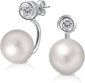 Elegant Vintage Bridal Jewelry - Milgrain Crown Pave CZ Half Mini Hoop White Glass Ball Pearl Drops Earrings for Women with Omega Back, Exquisite Silver Plated