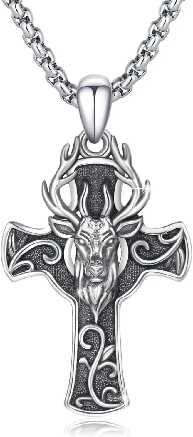 Elk/Wolf Cross Necklace Sterling Silver Deer/Wolf Necklaces Animal Pendant with Stainless Steel Chain Religious Jewelry Gifts for Men Women