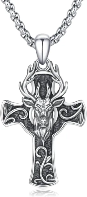 Elk/Wolf Cross Necklace Sterling Silver Deer/Wolf Necklaces Animal Pendant with Stainless Steel Chain Religious Jewelry Gifts for Men Women