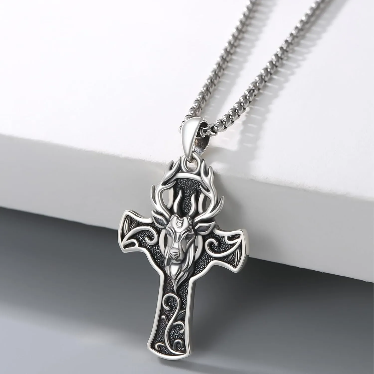 Elk/Wolf Cross Necklace Sterling Silver Deer/Wolf Necklaces Animal Pendant with Stainless Steel Chain Religious Jewelry Gifts for Men Women