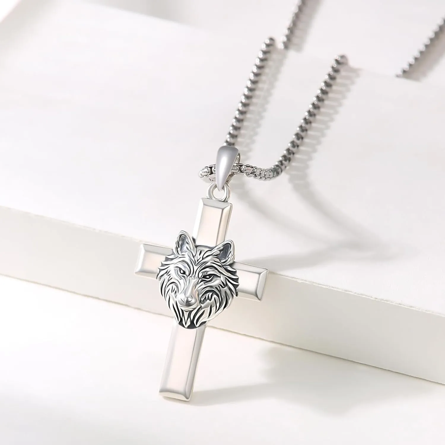 Elk/Wolf Cross Necklace Sterling Silver Deer/Wolf Necklaces Animal Pendant with Stainless Steel Chain Religious Jewelry Gifts for Men Women