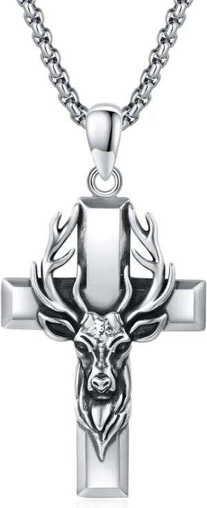 Elk/Wolf Cross Necklace Sterling Silver Deer/Wolf Necklaces Animal Pendant with Stainless Steel Chain Religious Jewelry Gifts for Men Women