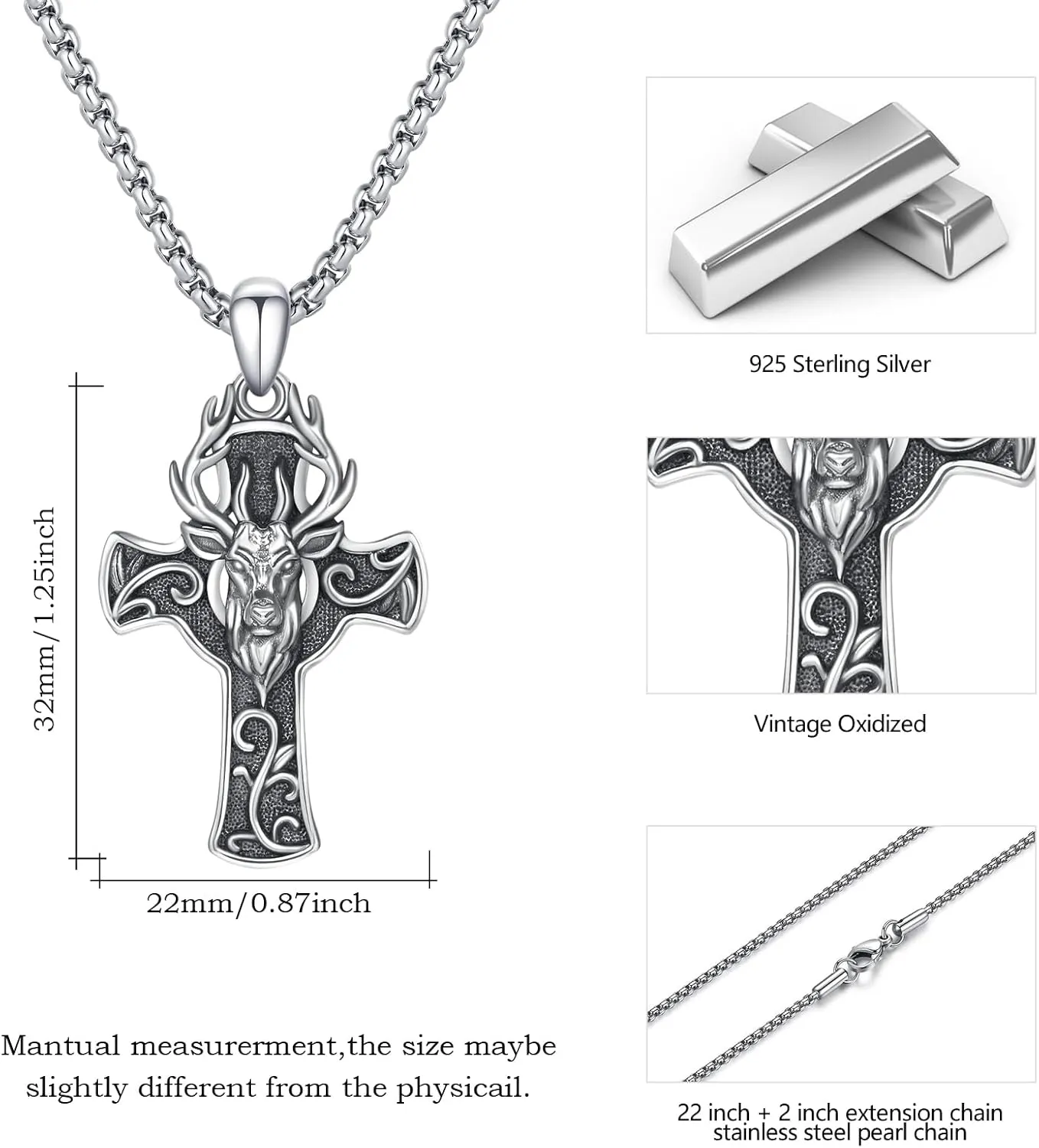 Elk/Wolf Cross Necklace Sterling Silver Deer/Wolf Necklaces Animal Pendant with Stainless Steel Chain Religious Jewelry Gifts for Men Women