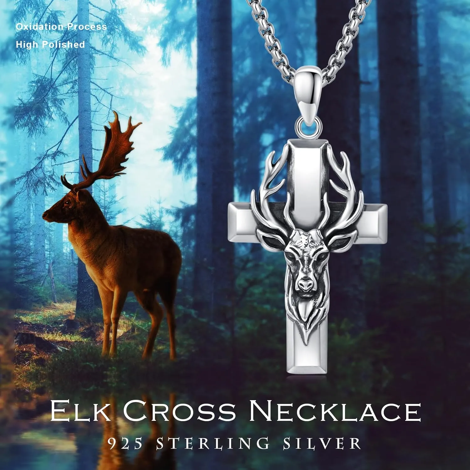 Elk/Wolf Cross Necklace Sterling Silver Deer/Wolf Necklaces Animal Pendant with Stainless Steel Chain Religious Jewelry Gifts for Men Women