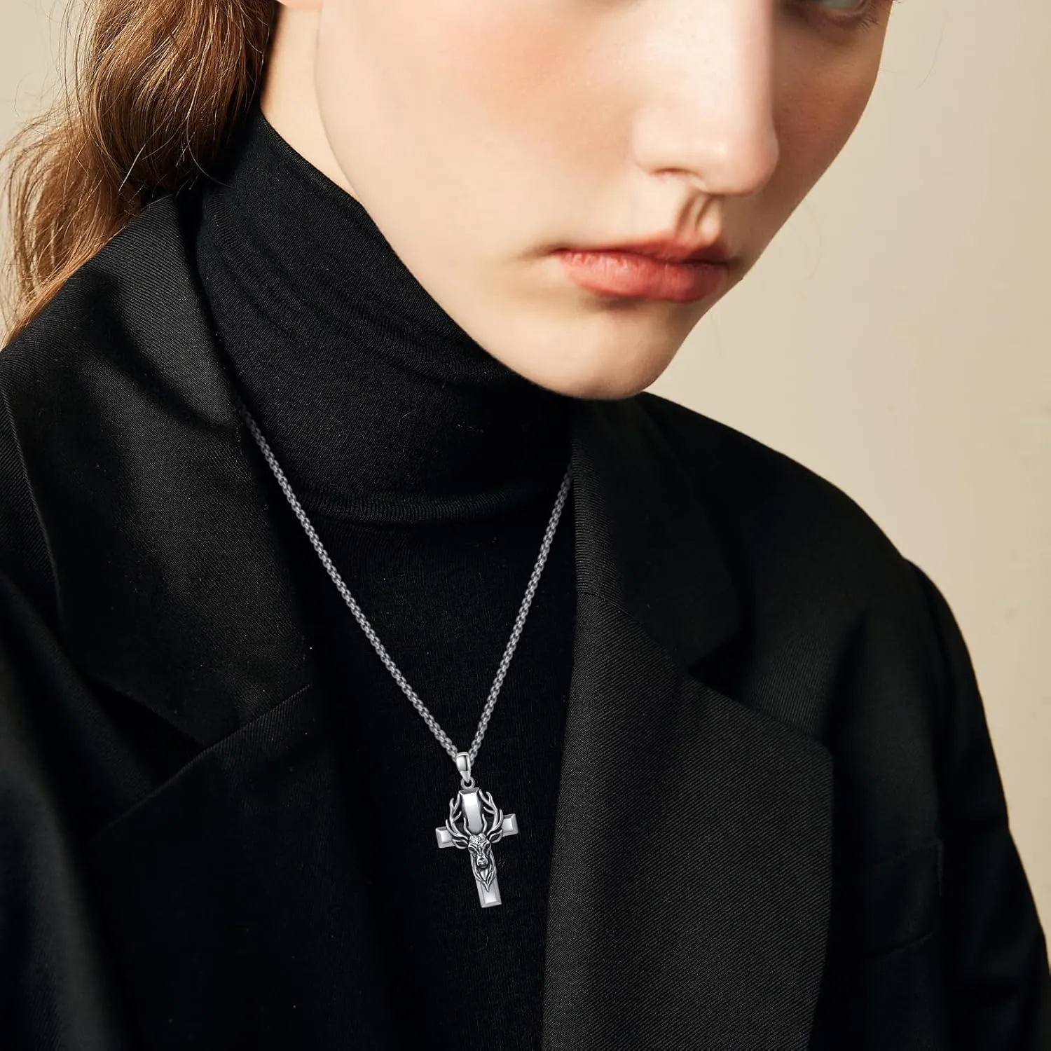 Elk/Wolf Cross Necklace Sterling Silver Deer/Wolf Necklaces Animal Pendant with Stainless Steel Chain Religious Jewelry Gifts for Men Women