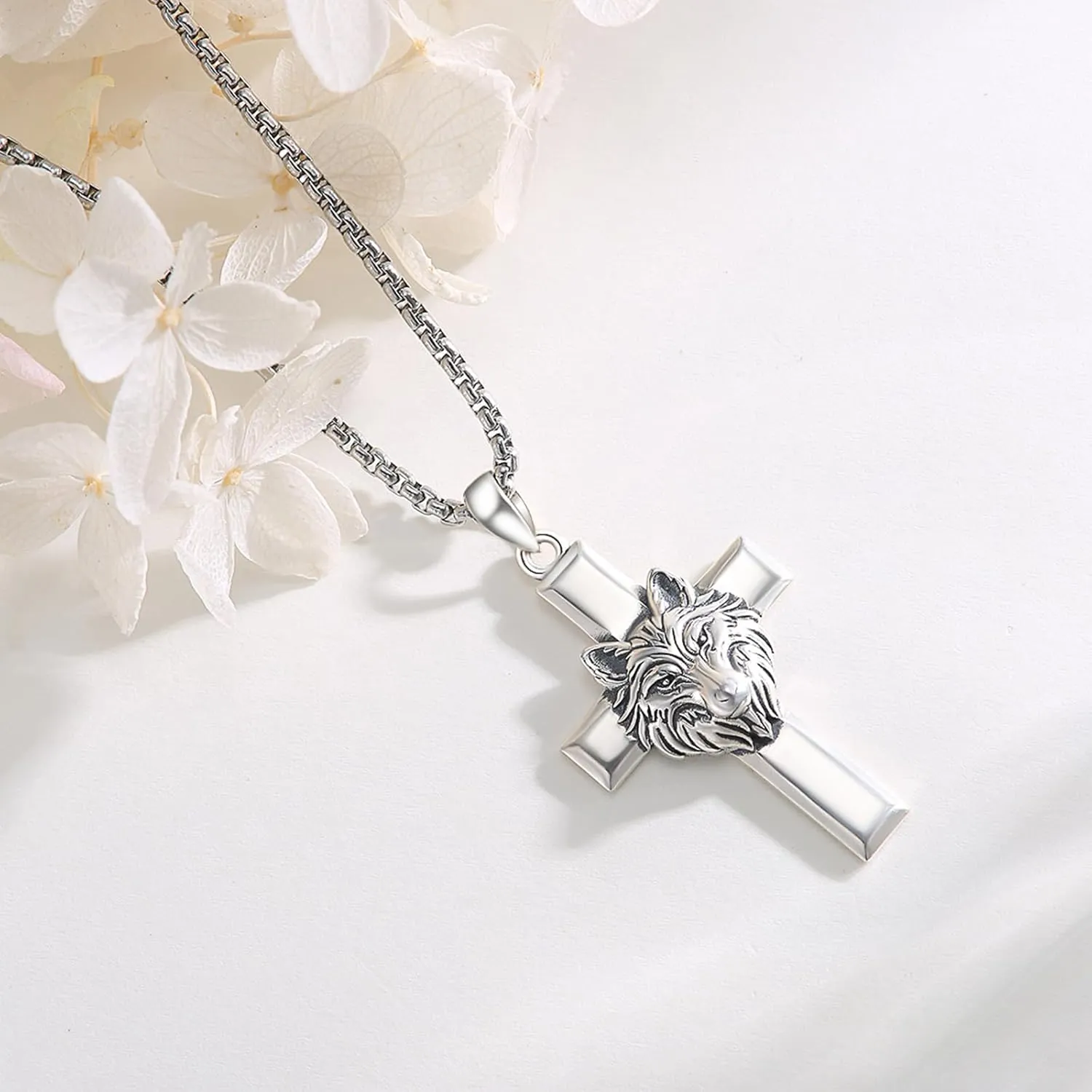 Elk/Wolf Cross Necklace Sterling Silver Deer/Wolf Necklaces Animal Pendant with Stainless Steel Chain Religious Jewelry Gifts for Men Women