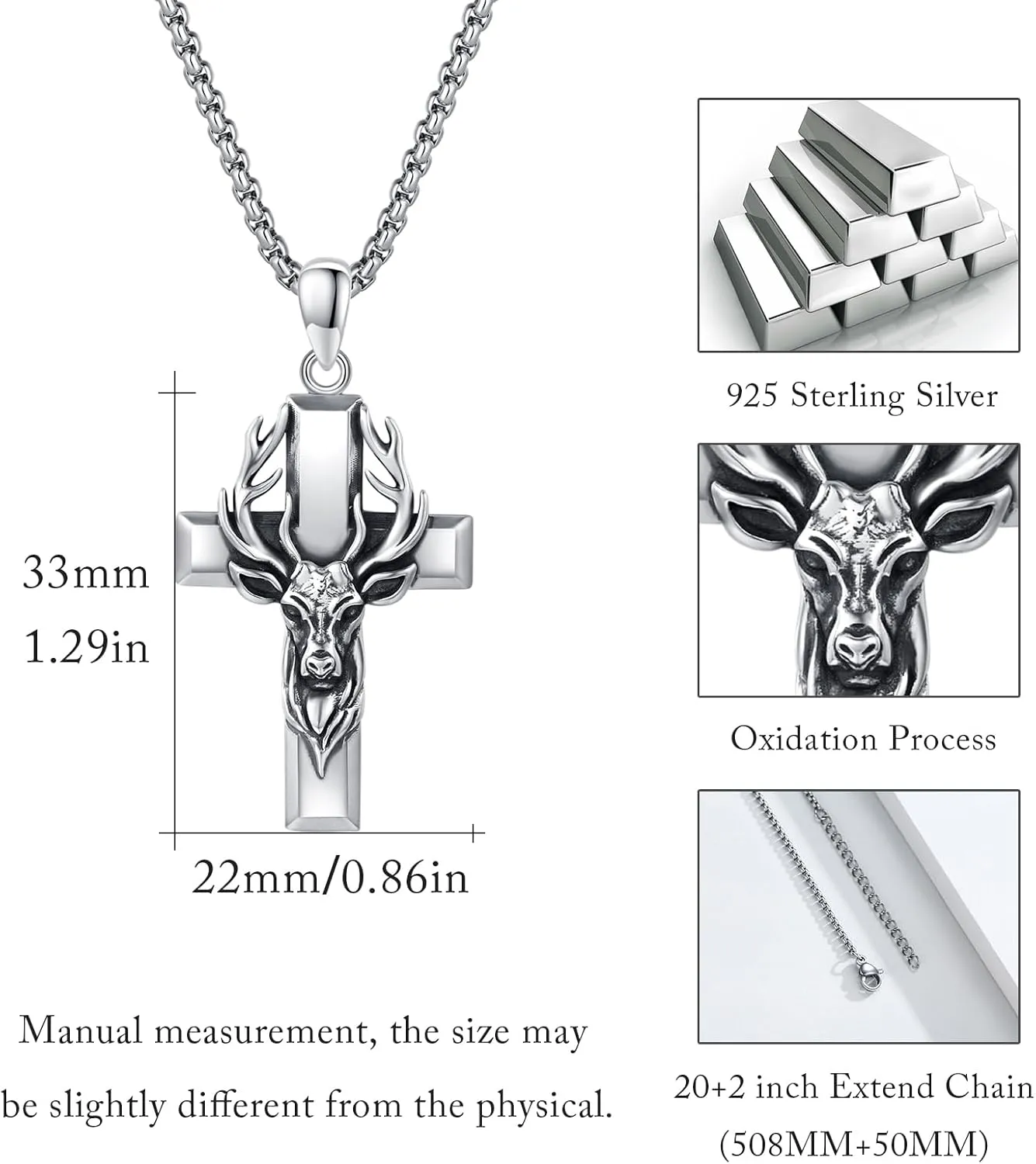 Elk/Wolf Cross Necklace Sterling Silver Deer/Wolf Necklaces Animal Pendant with Stainless Steel Chain Religious Jewelry Gifts for Men Women