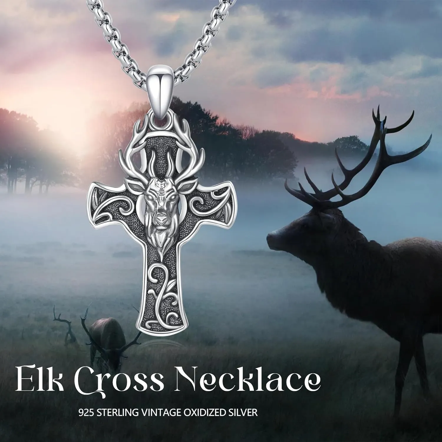 Elk/Wolf Cross Necklace Sterling Silver Deer/Wolf Necklaces Animal Pendant with Stainless Steel Chain Religious Jewelry Gifts for Men Women