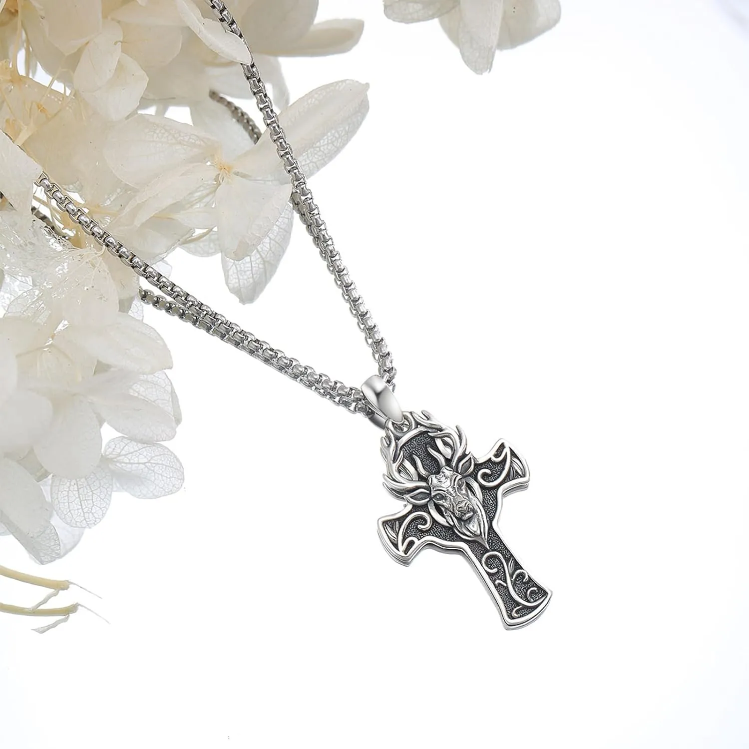 Elk/Wolf Cross Necklace Sterling Silver Deer/Wolf Necklaces Animal Pendant with Stainless Steel Chain Religious Jewelry Gifts for Men Women