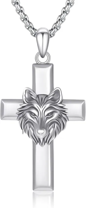 Elk/Wolf Cross Necklace Sterling Silver Deer/Wolf Necklaces Animal Pendant with Stainless Steel Chain Religious Jewelry Gifts for Men Women