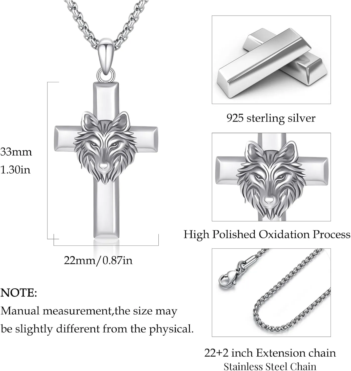 Elk/Wolf Cross Necklace Sterling Silver Deer/Wolf Necklaces Animal Pendant with Stainless Steel Chain Religious Jewelry Gifts for Men Women
