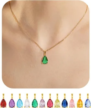 Emerald Birthstone Necklace for Women, 14K Gold Plated Birth Stone Necklace Dainty Gold Necklace for Women Birthday Gifts