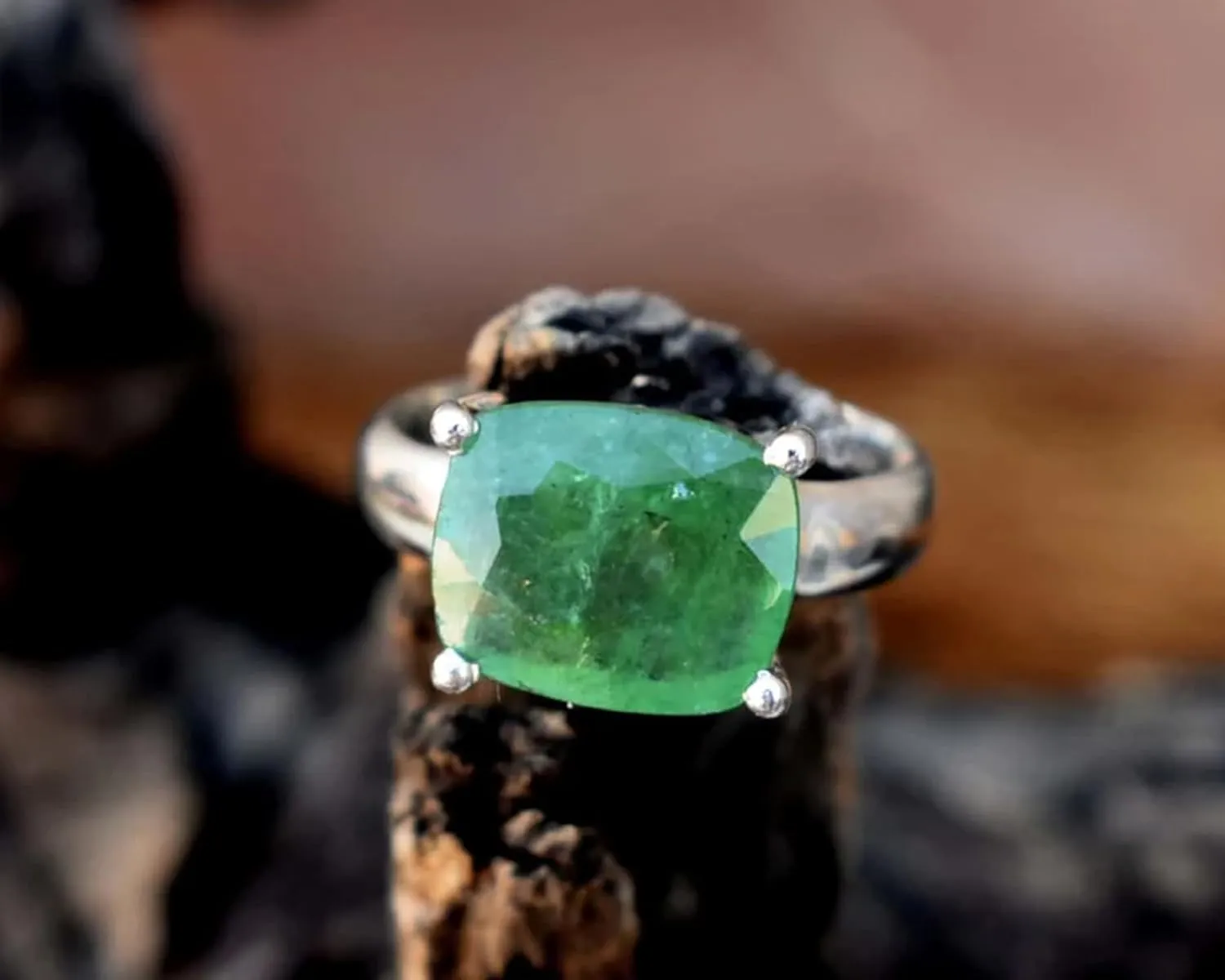 Emerald Ring for Women 925 Sterling Silver Ring Boho Ring Natural Genuine Real Green Stone Ring Statement Ring Handmade Ring