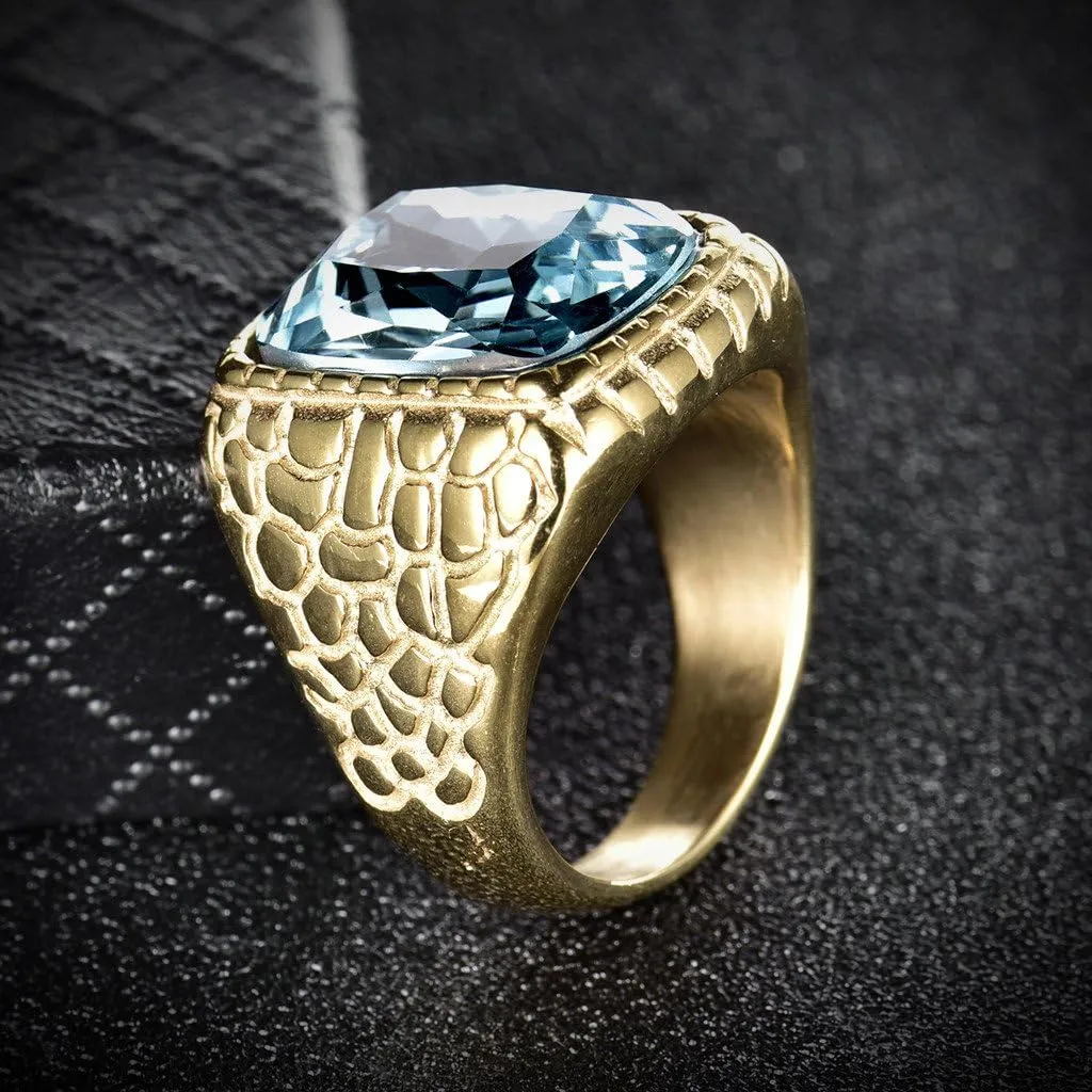 Engraved Stainless Steel Mens Ring Blue Synthetic Aquamarine Cubic Zirconia Gold Color Luxury
