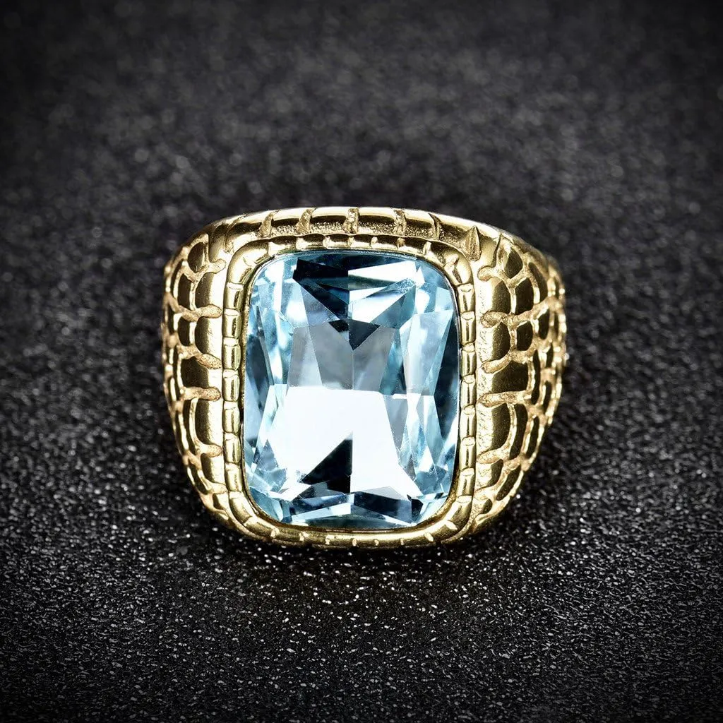 Engraved Stainless Steel Mens Ring Blue Synthetic Aquamarine Cubic Zirconia Gold Color Luxury