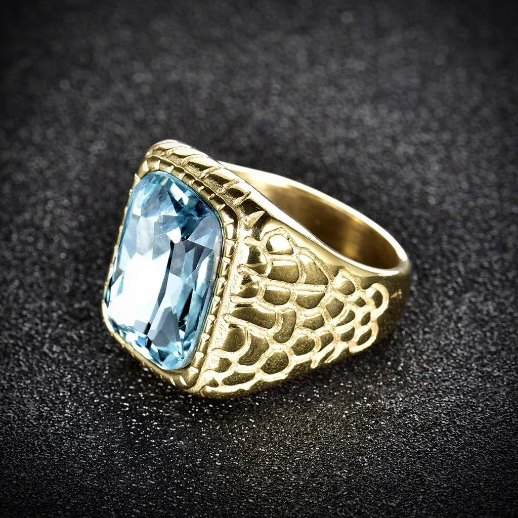 Engraved Stainless Steel Mens Ring Blue Synthetic Aquamarine Cubic Zirconia Gold Color Luxury