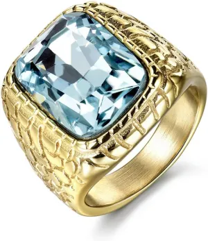 Engraved Stainless Steel Mens Ring Blue Synthetic Aquamarine Cubic Zirconia Gold Color Luxury