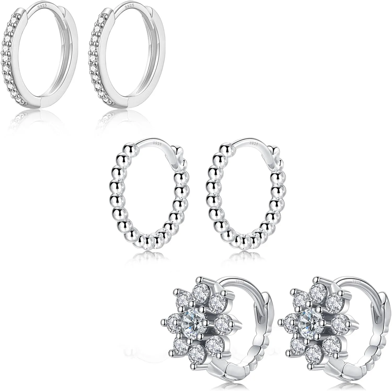 EPIRORA Sterling Silver Earrings for Women Girls, 3 Pairs 14K White Gold Plated Cubic Zirconia Huggie Hoops Pearl Hoops Set, 8mm Small Cartilage Earrings, Silver