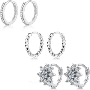 EPIRORA Sterling Silver Earrings for Women Girls, 3 Pairs 14K White Gold Plated Cubic Zirconia Huggie Hoops Pearl Hoops Set, 8mm Small Cartilage Earrings, Silver