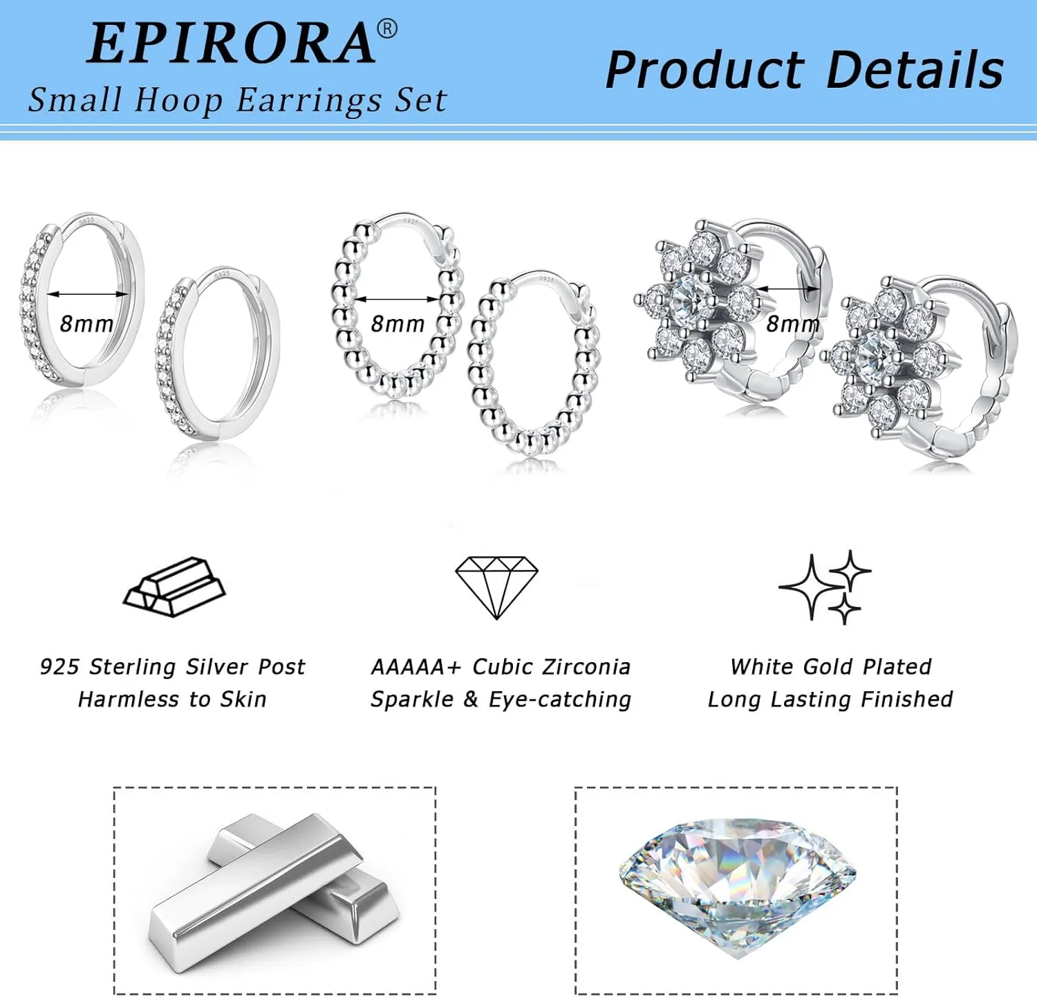 EPIRORA Sterling Silver Earrings for Women Girls, 3 Pairs 14K White Gold Plated Cubic Zirconia Huggie Hoops Pearl Hoops Set, 8mm Small Cartilage Earrings, Silver