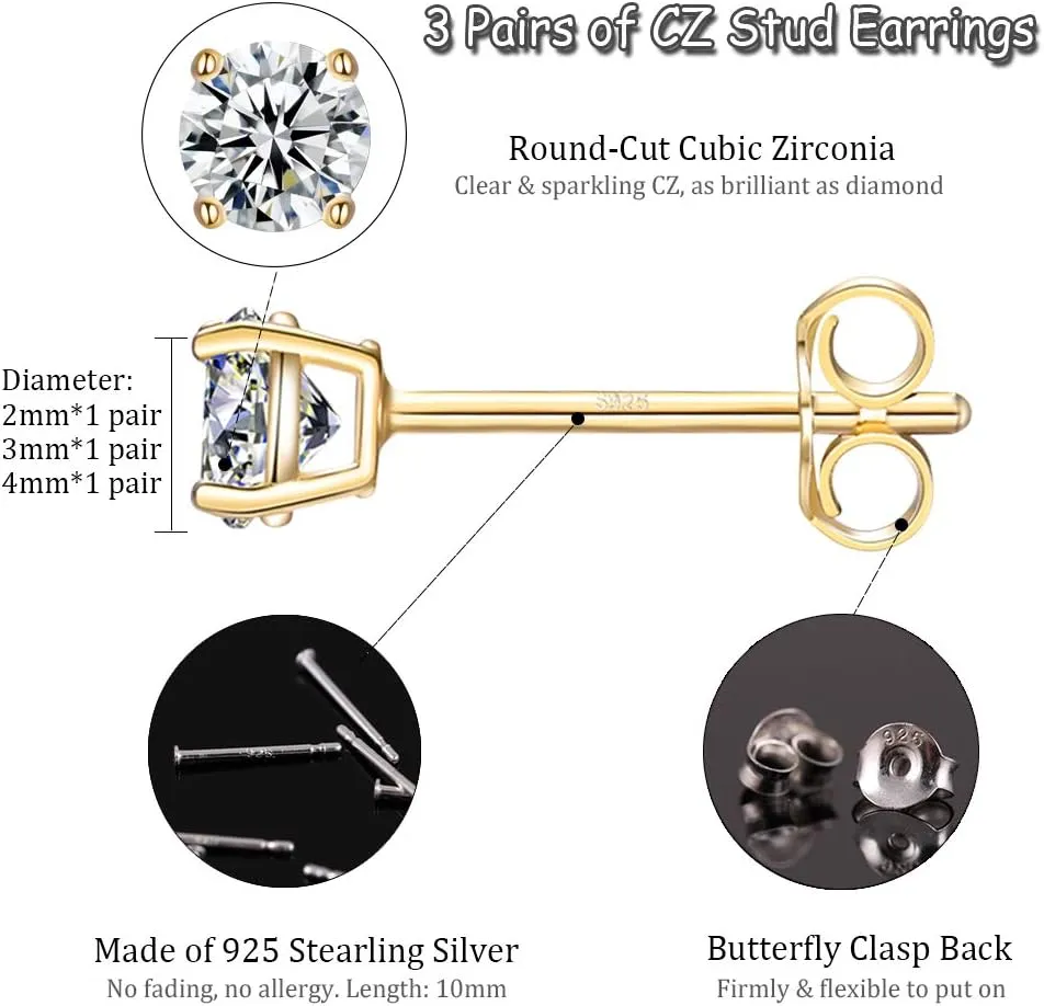 EPIRORA Sterling Silver Stud Earrings for Women- 3 Pairs Tiny Ball Stud Earrings Round CZ Cubic Zirconia Earrings Pearl Earrings Set Cartilage Small Tragus Earrings(2mm,3mm,4mm)