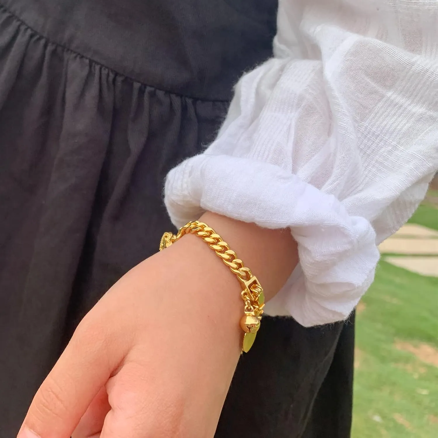 Ethlyn Bracelets for little girls 18K Gold Plated Cuban Link Chain Bracelets Bells Dangle Charms Little Girls Jewelry