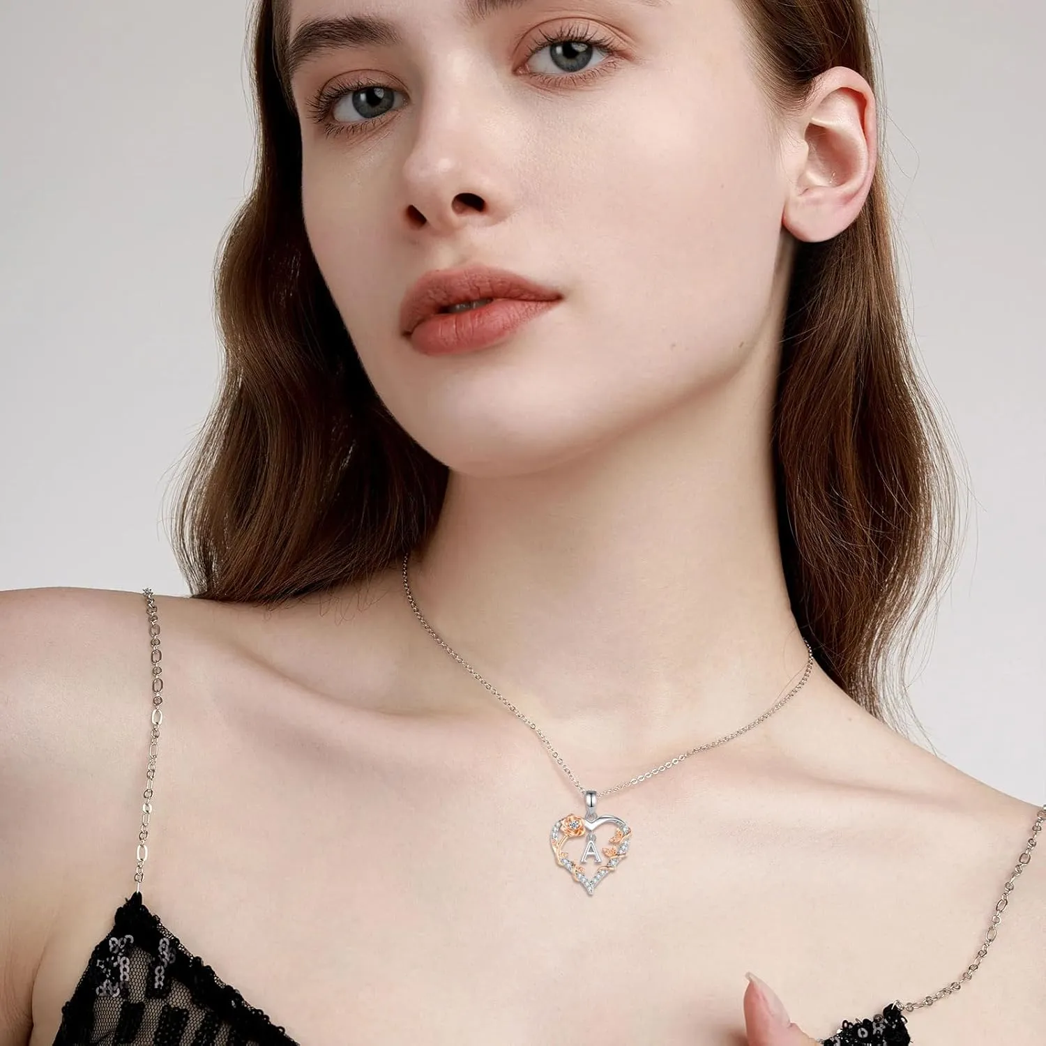 EUDORA Rose Heart Initial Necklace for Women Letter Alphabet Initial Necklaces Copper Rhodium Plated Pendant with Cubic Zirconia, Initials Jewelry Gifts for Women Wife Mother, 18"
