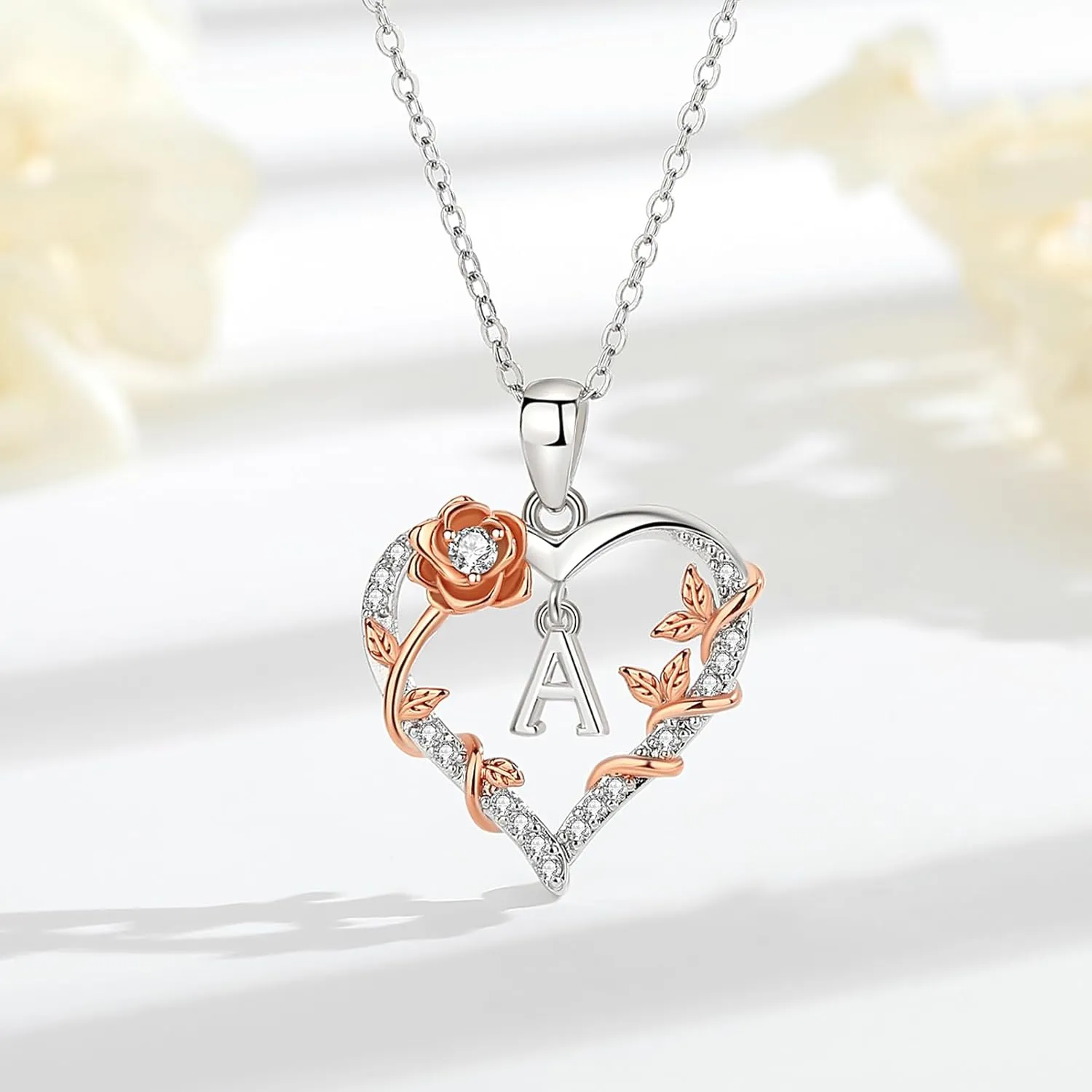 EUDORA Rose Heart Initial Necklace for Women Letter Alphabet Initial Necklaces Copper Rhodium Plated Pendant with Cubic Zirconia, Initials Jewelry Gifts for Women Wife Mother, 18"