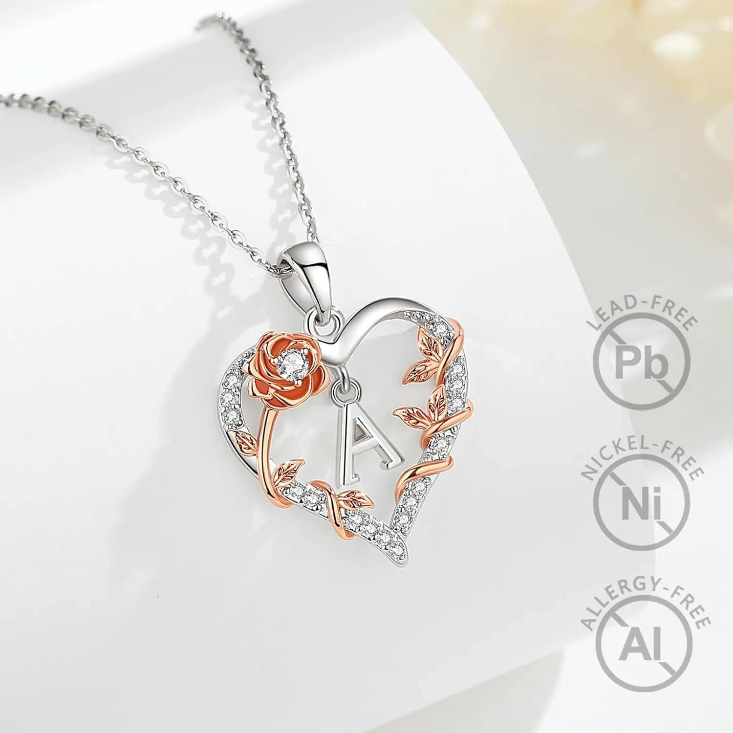 EUDORA Rose Heart Initial Necklace for Women Letter Alphabet Initial Necklaces Copper Rhodium Plated Pendant with Cubic Zirconia, Initials Jewelry Gifts for Women Wife Mother, 18"