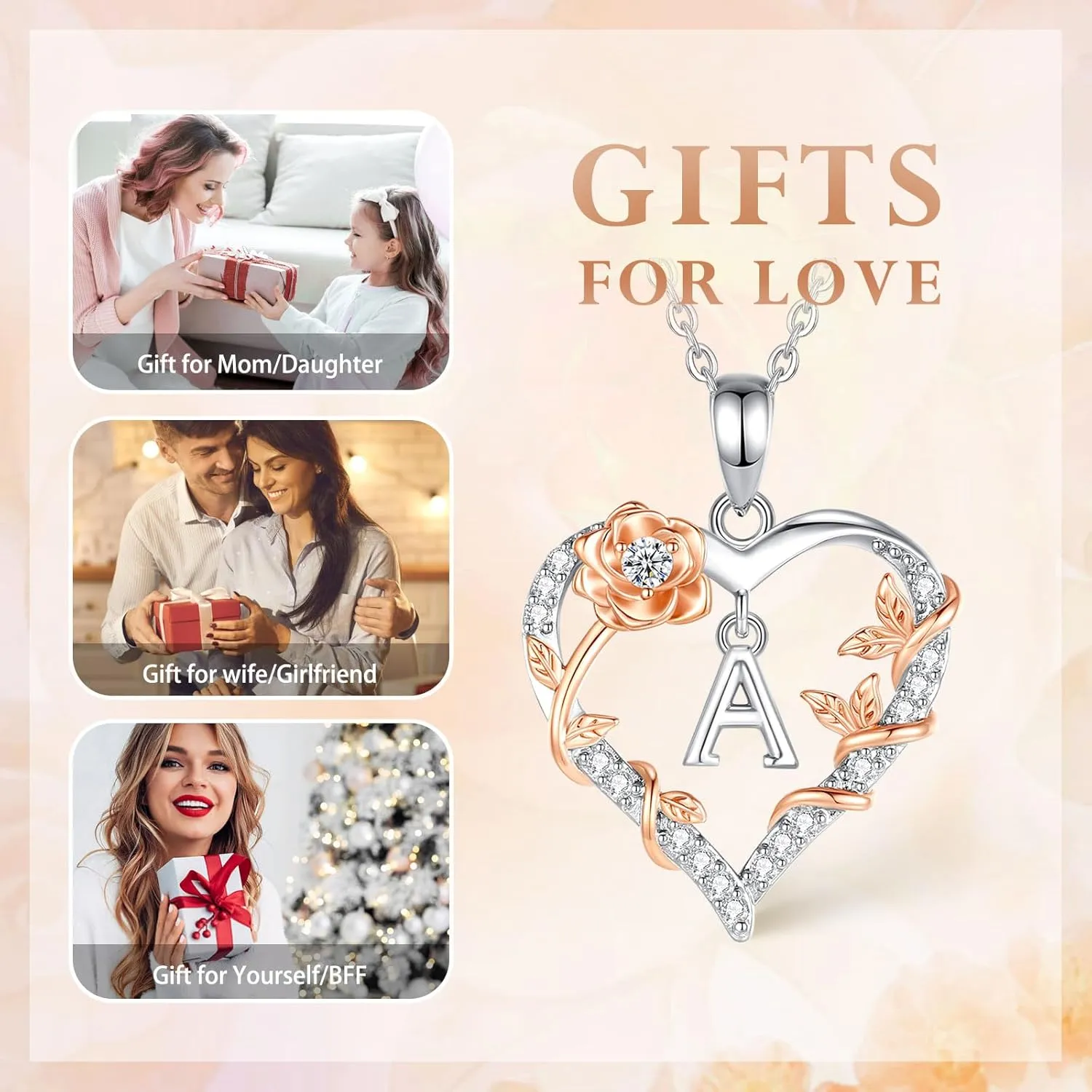 EUDORA Rose Heart Initial Necklace for Women Letter Alphabet Initial Necklaces Copper Rhodium Plated Pendant with Cubic Zirconia, Initials Jewelry Gifts for Women Wife Mother, 18"