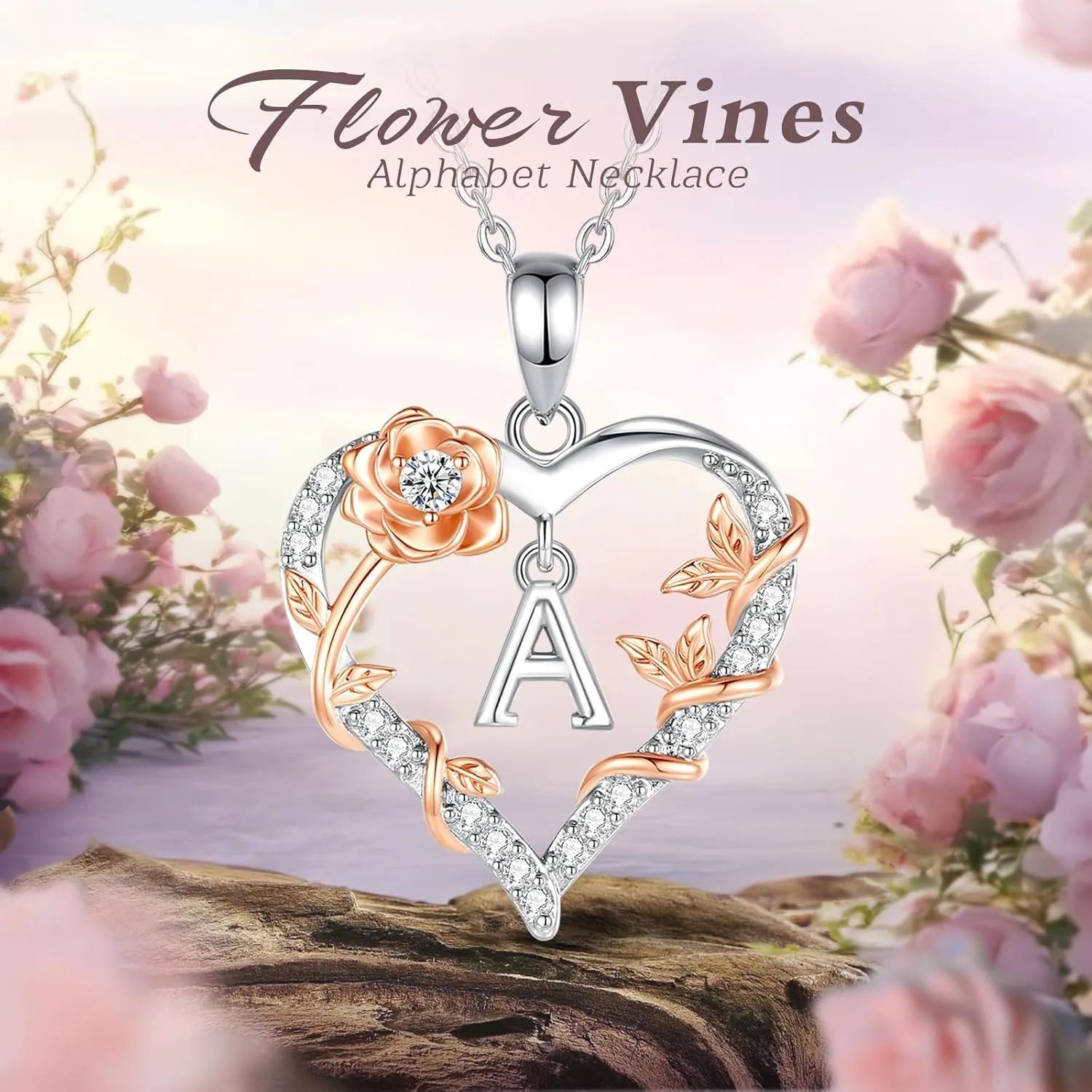 EUDORA Rose Heart Initial Necklace for Women Letter Alphabet Initial Necklaces Copper Rhodium Plated Pendant with Cubic Zirconia, Initials Jewelry Gifts for Women Wife Mother, 18"