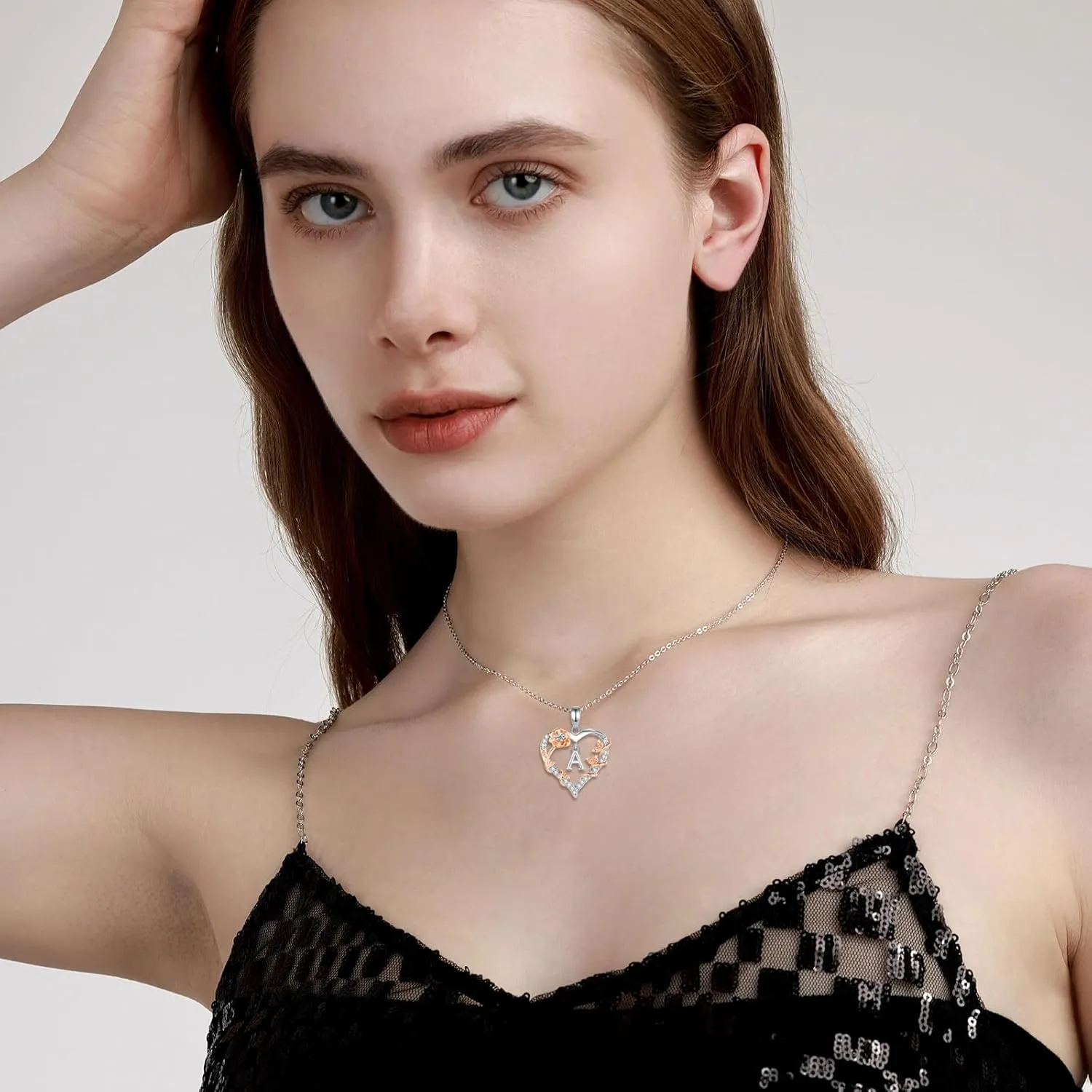 EUDORA Rose Heart Initial Necklace for Women Letter Alphabet Initial Necklaces Copper Rhodium Plated Pendant with Cubic Zirconia, Initials Jewelry Gifts for Women Wife Mother, 18"