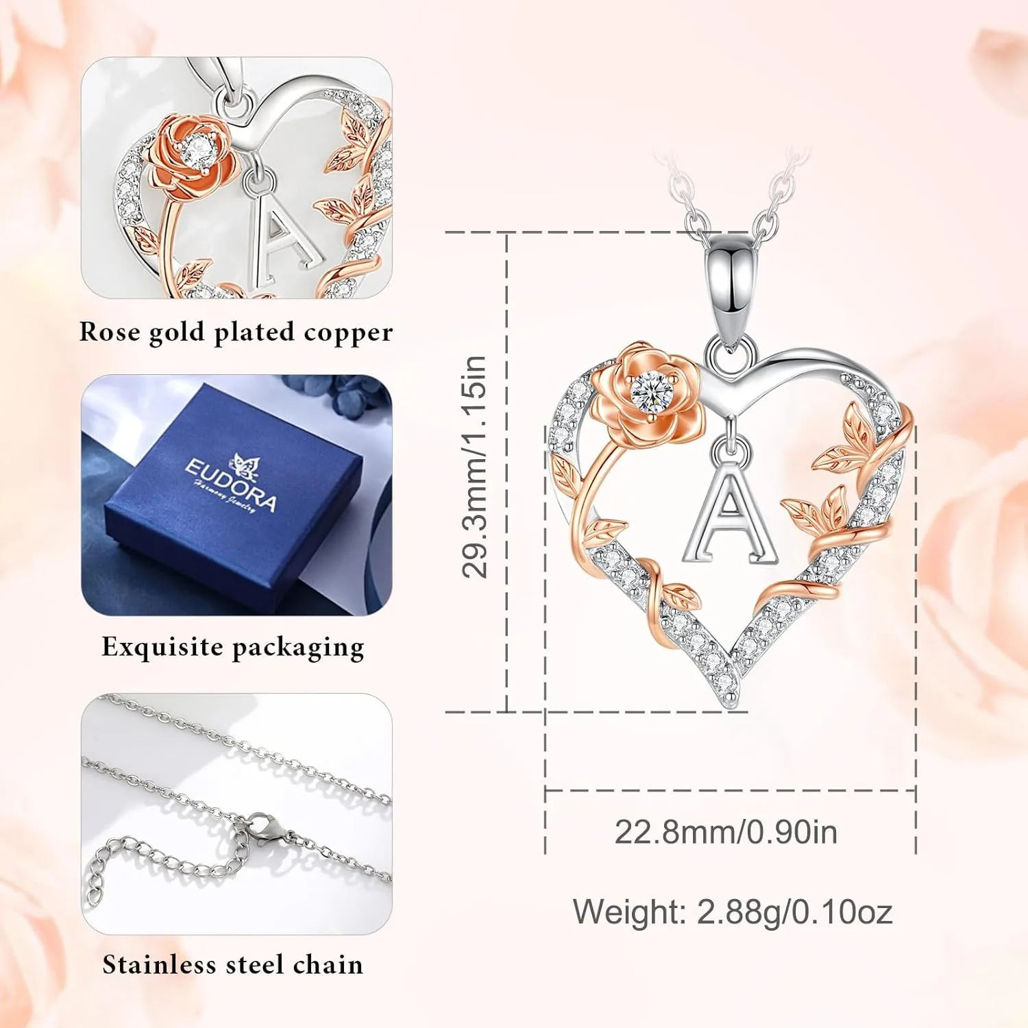 EUDORA Rose Heart Initial Necklace for Women Letter Alphabet Initial Necklaces Copper Rhodium Plated Pendant with Cubic Zirconia, Initials Jewelry Gifts for Women Wife Mother, 18"