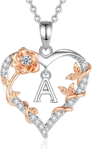 EUDORA Rose Heart Initial Necklace for Women Letter Alphabet Initial Necklaces Copper Rhodium Plated Pendant with Cubic Zirconia, Initials Jewelry Gifts for Women Wife Mother, 18"