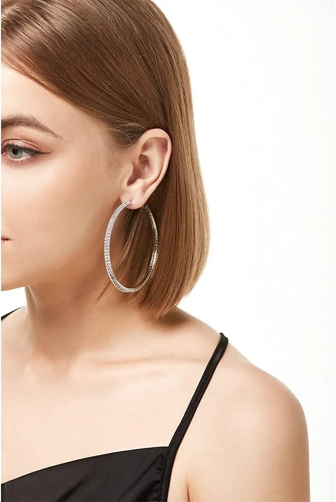 Extra Large Rhinestone Hoop Earrings  2.67 Inch 70mm Double Oversized Giant Big Huge Crystal Lightweight Hoop Earrings for Women