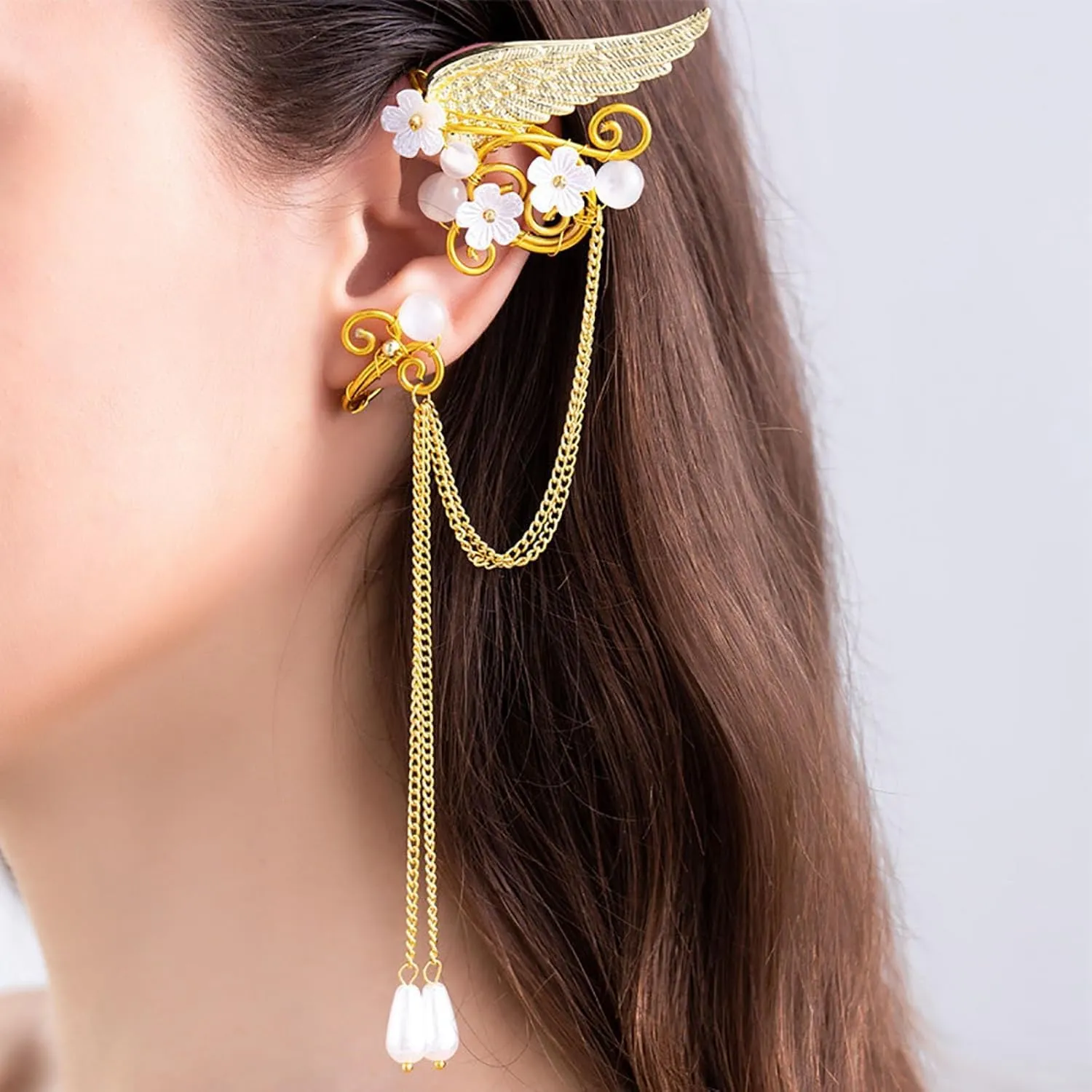 Fairy Elf Ear Cuffs,Butterfly Flower Tassel Silk elf Non-Pierced Earrings,Halloween Christmas Costumes Role Play Accessories (C)