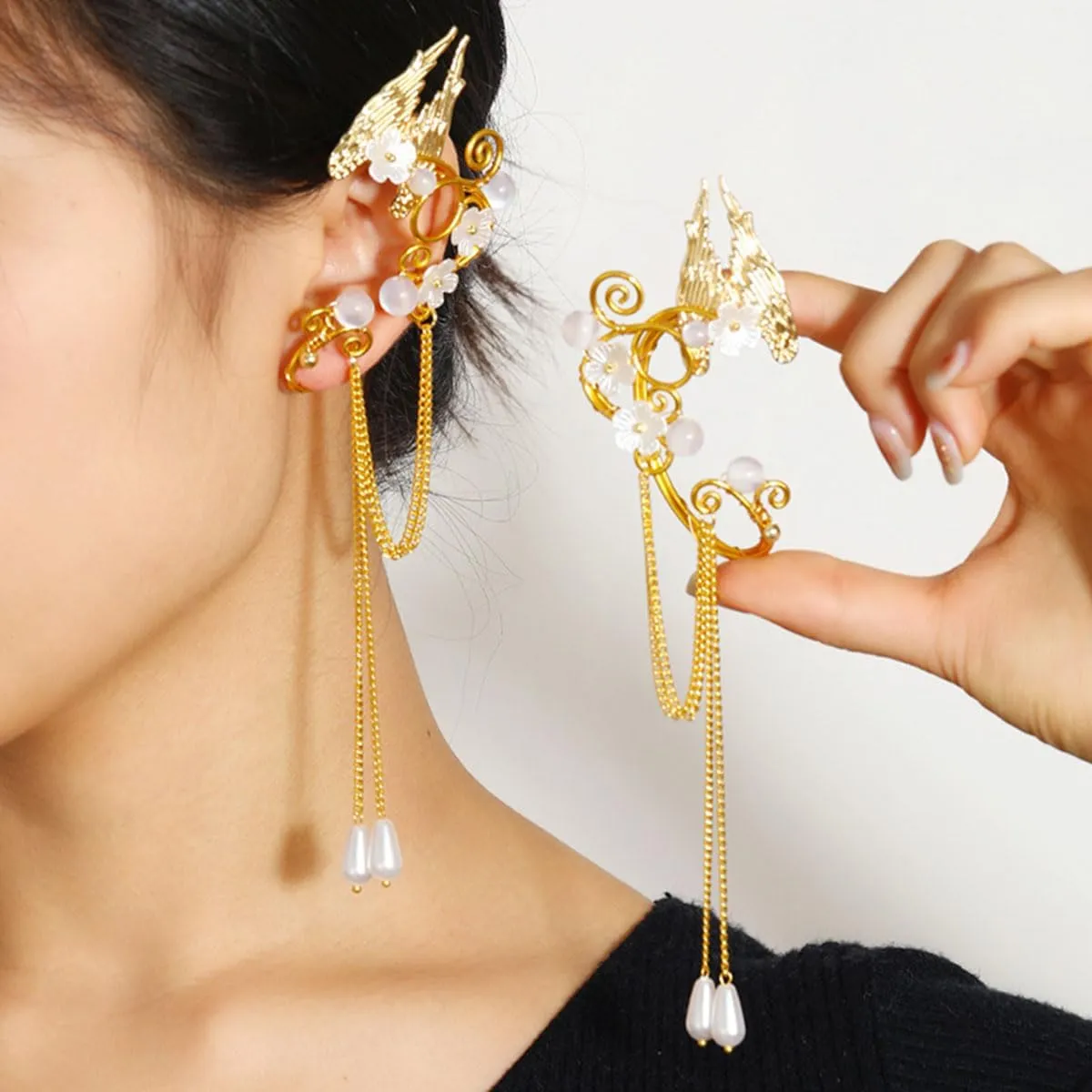 Fairy Elf Ear Cuffs,Butterfly Flower Tassel Silk elf Non-Pierced Earrings,Halloween Christmas Costumes Role Play Accessories (C)