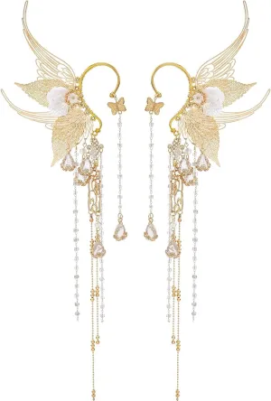 Fairy Elf Ear Cuffs,Butterfly Flower Tassel Silk elf Non-Pierced Earrings,Halloween Christmas Costumes Role Play Accessories (C)