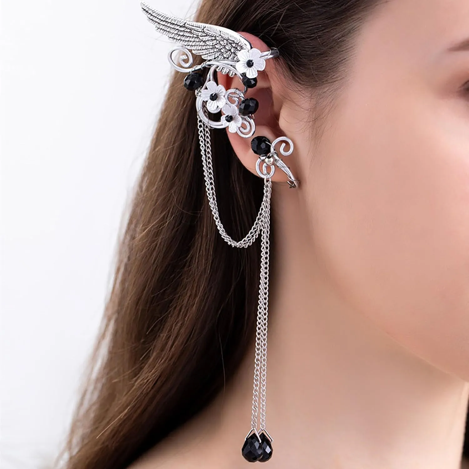 Fairy Elf Ear Cuffs,Butterfly Flower Tassel Silk elf Non-Pierced Earrings,Halloween Christmas Costumes Role Play Accessories (C)