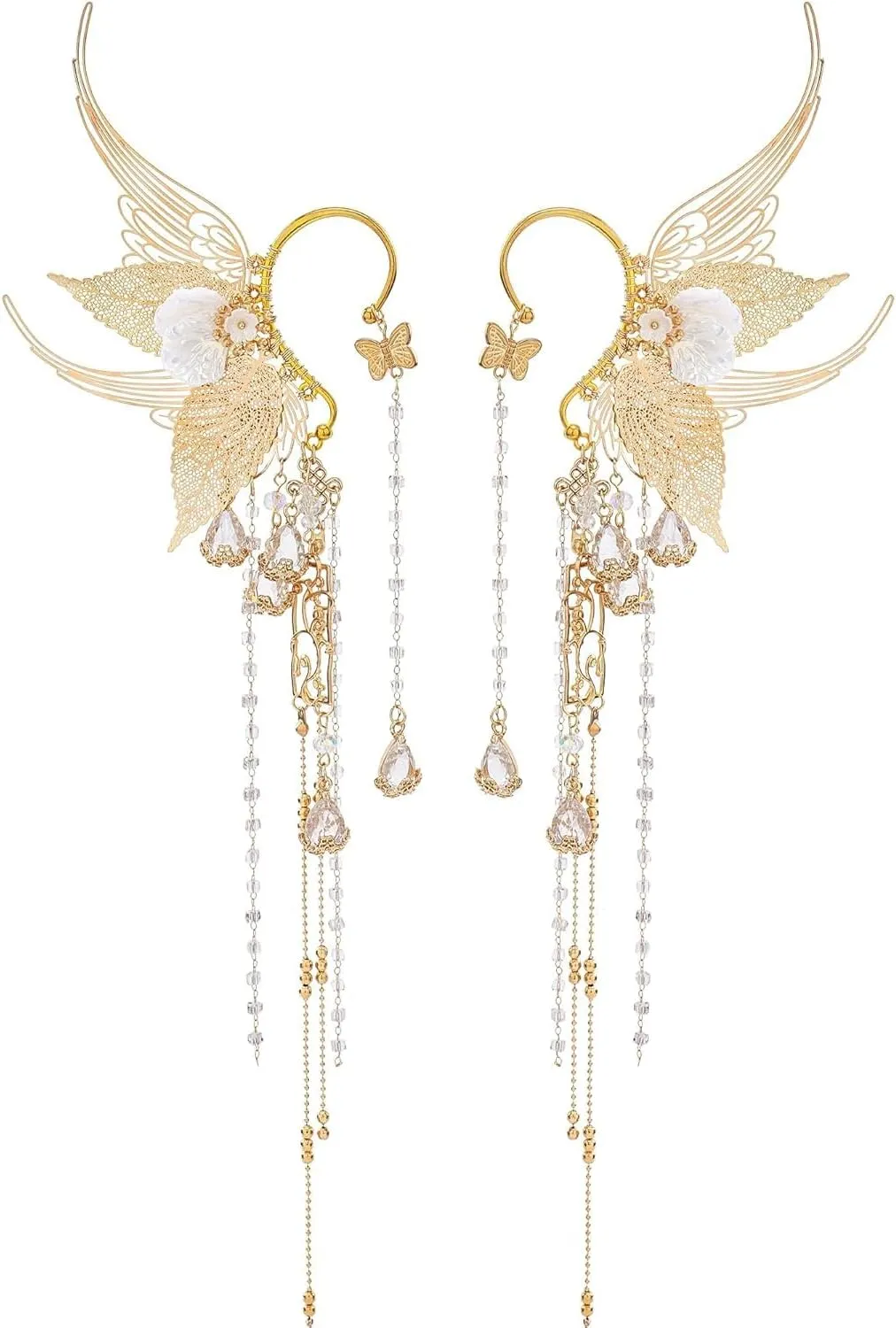 Fairy Elf Ear Cuffs,Butterfly Flower Tassel Silk elf Non-Pierced Earrings,Halloween Christmas Costumes Role Play Accessories (C)