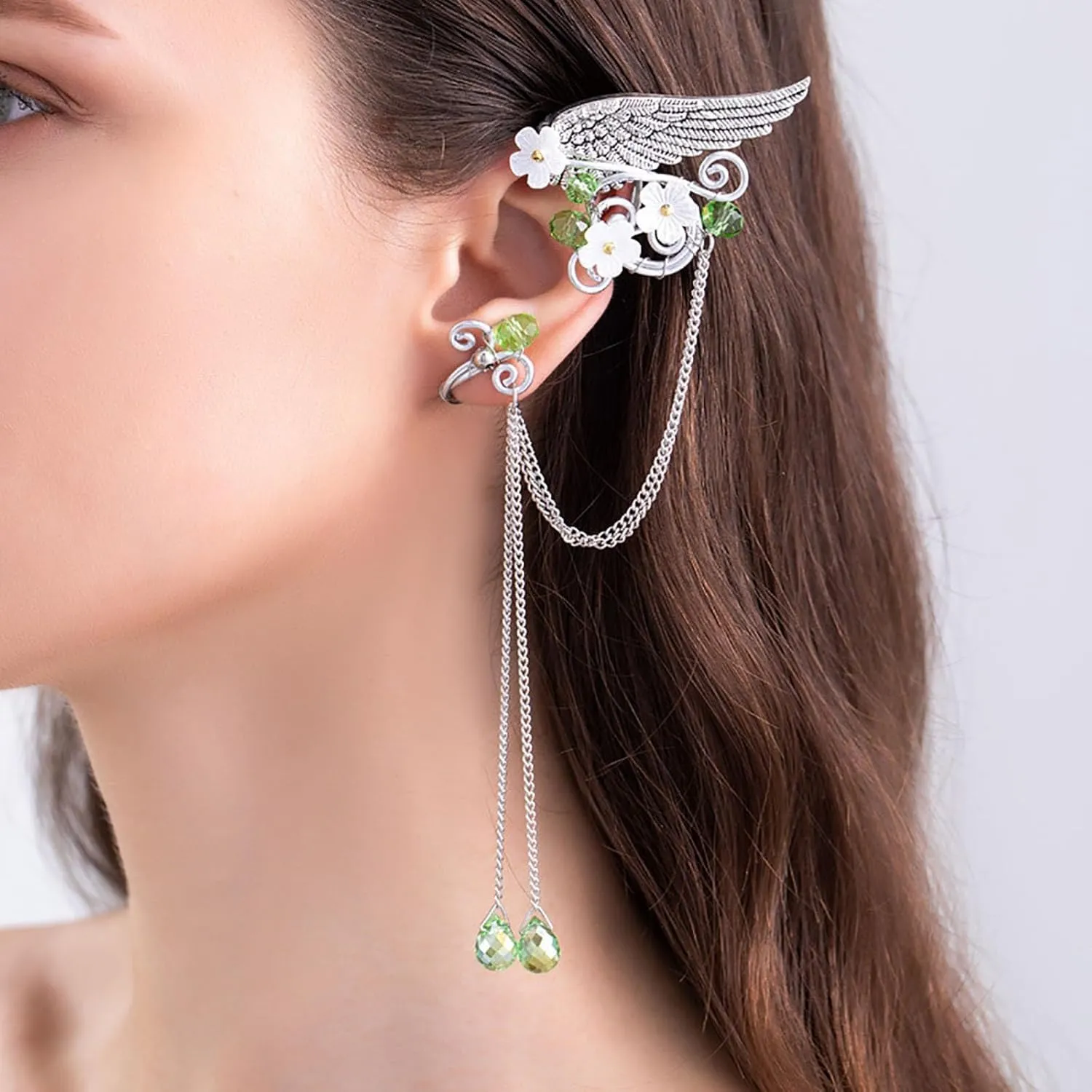 Fairy Elf Ear Cuffs,Butterfly Flower Tassel Silk elf Non-Pierced Earrings,Halloween Christmas Costumes Role Play Accessories (C)
